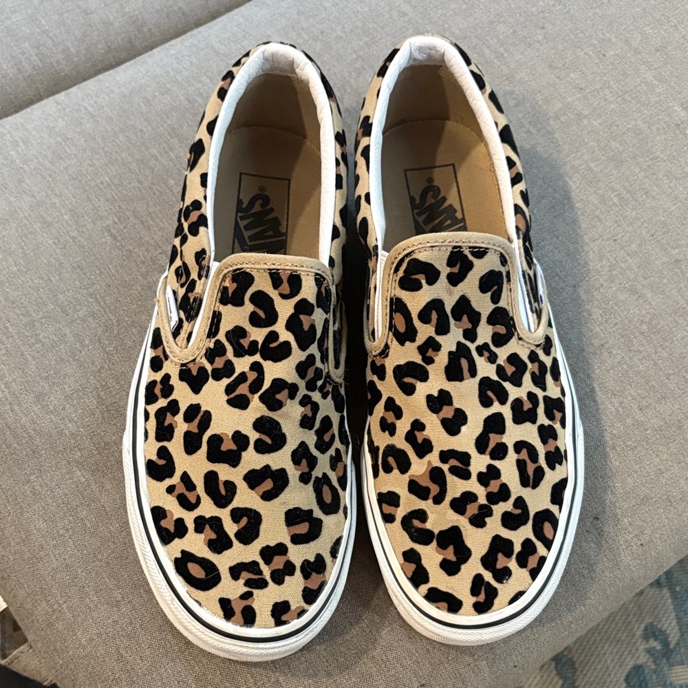 Vans Tan and Black Animal Print Slip-Ons